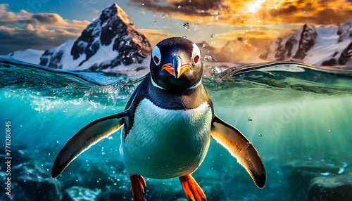 A penguin swimming under water.
