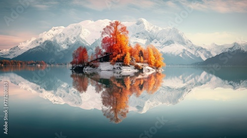 lake in the mountains and fall tree