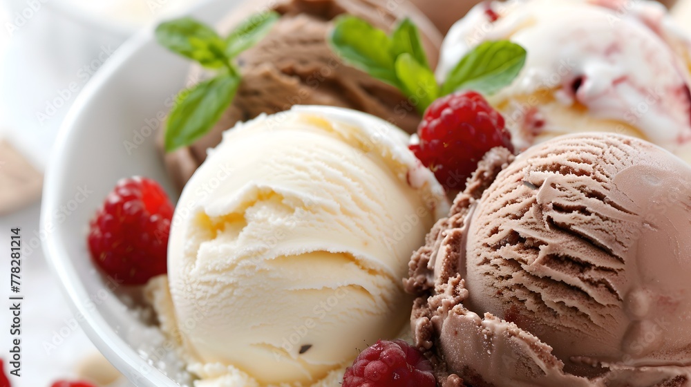 Delicious Scoops of Vanilla and Chocolate Ice Cream with Fresh Berries. Perfect Summer Dessert for Advertisement. High-Quality Close-Up Image. AI Delicious Scoops of Vanilla and Chocolate Ice Cream with Fresh Berries. Perfect Summer Dessert for Advertisement. High-Quality Close-Up Image. AI