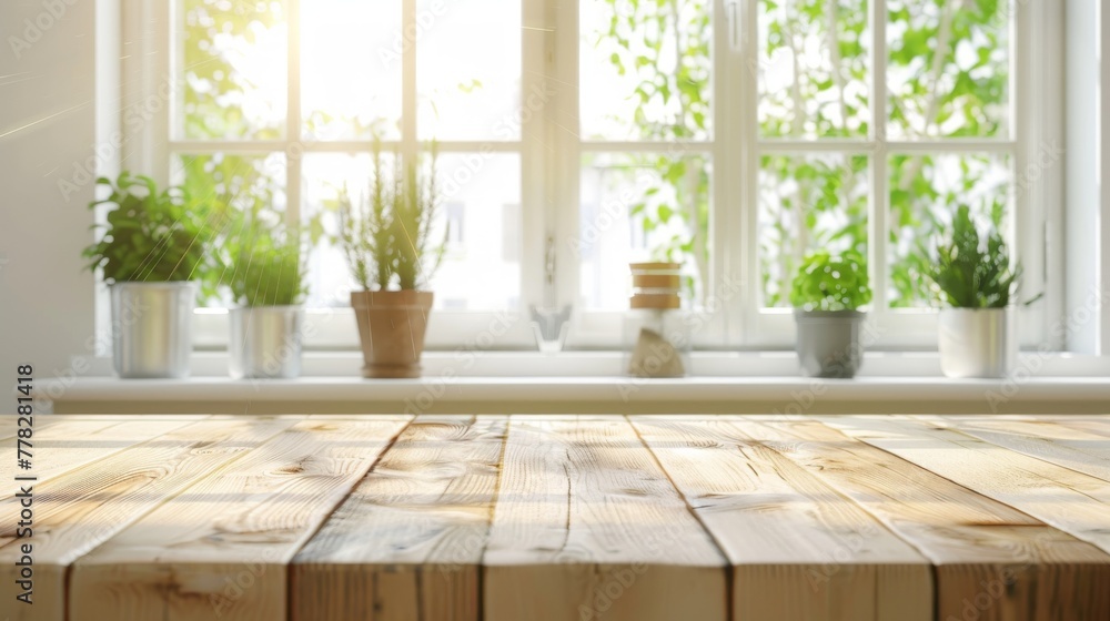 Fototapeta premium Wooden texture table top on blurred kitchen window background