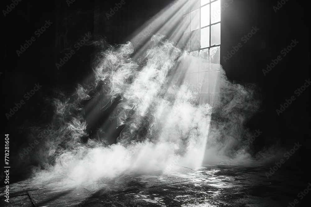 A black and white photo of a room with a window and a lot of smoke