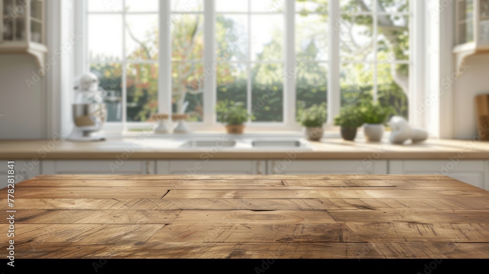 Wooden texture table top on blurred kitchen window background Wooden texture table top on blurred kitchen window background