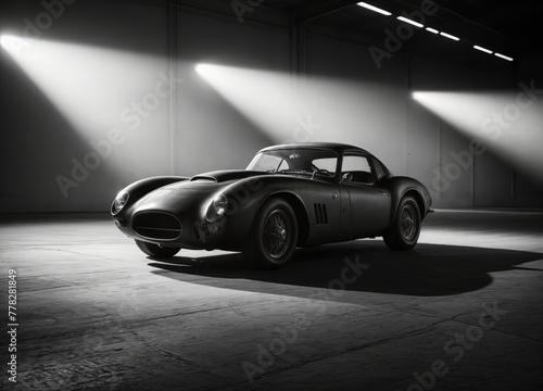A black classic sports car is parked in a dark garage, illuminated by three bright lights.  © Elshen Mamedov