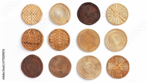Assorted natural material coasters displayed on white background