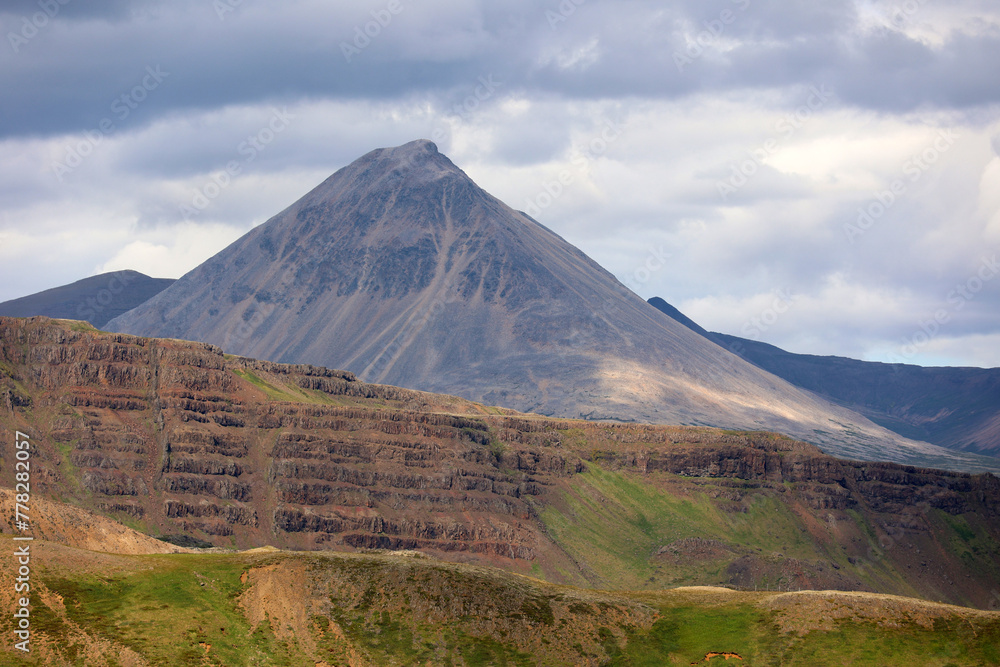 Icelandic landscape seen from extinct volcano crater Grabrok a 170 meter high cinder crater rising northeast of Hredavatn