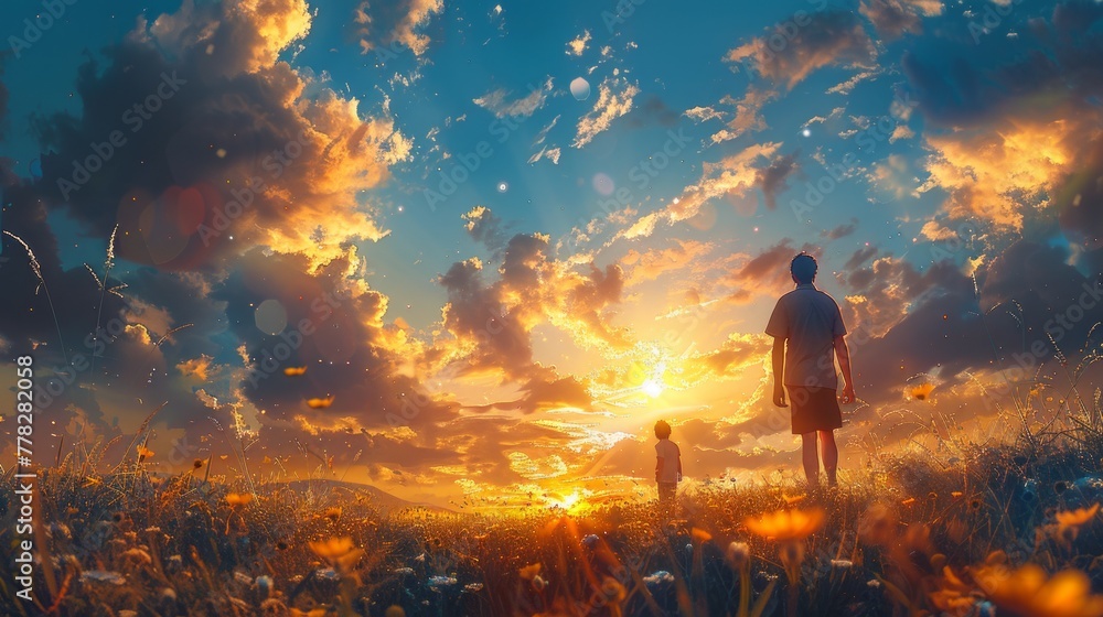 Father and son walking in the meadow at sunset. Concept of friendly family.