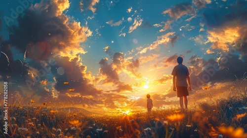 Father and son walking in the meadow at sunset. Concept of friendly family.