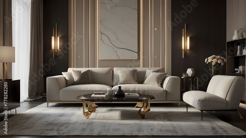 Transform your space into a modern masterpiece with this living room concept - featuring a sleek and comfortable sofa, a contemporary lamp that adds a touch of elegance, and a minimalist cabinet that  photo