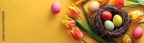 Vibrant Easter celebration with tulips and eggs in a nest. Bright yellow background sets the festive mood. Perfect for spring greetings. AI photo