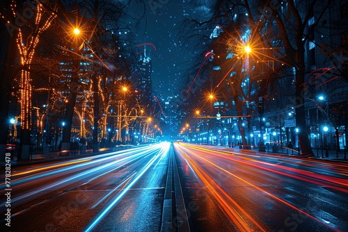 Dark street with long exposure lights and cars passing. Long shutter speed captured the passing traffic