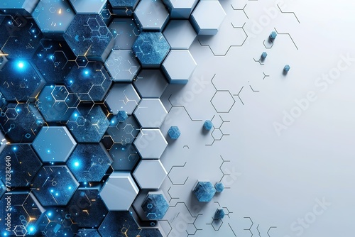 Light blue background with hexagon shapes and white space for text, modern technology or medical abstract presentation template design