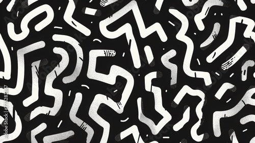Black and white seamless pattern of an abstract maze  hand drawn with thick brush strokes  simple shapes  bold lines  high contrast  vector art  on a solid background