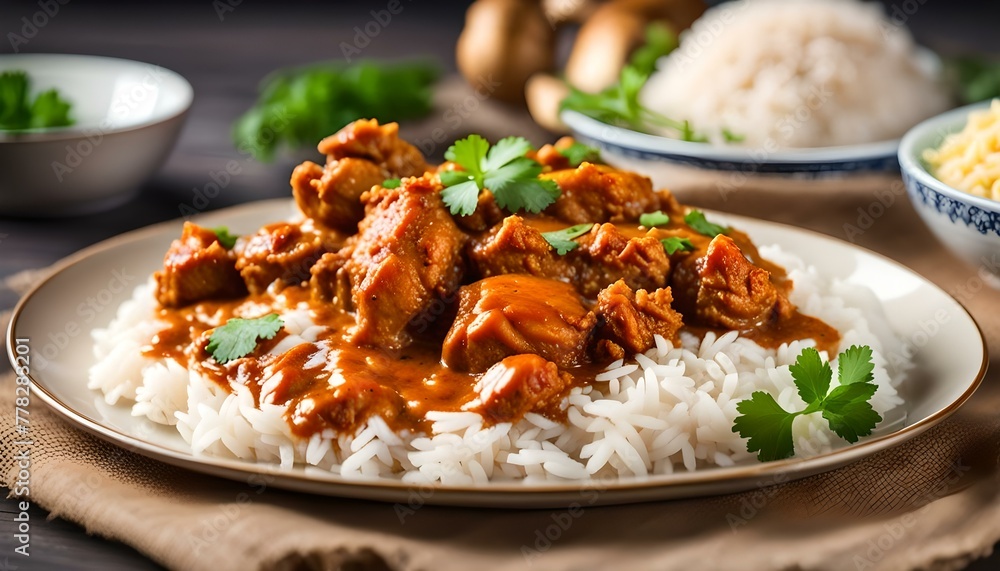Chicken masala spicy curry meat food Butter chicken with rice on plate Chicken masala spicy curry meat food Butter chicken with rice on plate