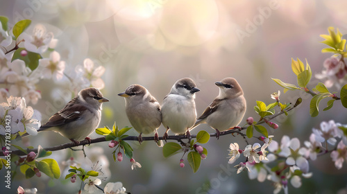 Three small birds perched serenely on a blossoming branch in spring. Idyllic scene capturing nature's beauty, perfect for peaceful content. AI © Irina Ukrainets