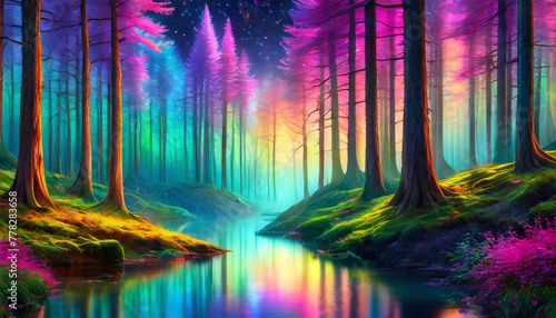 Rainbow forest  color abstract forest landscape  illustration.