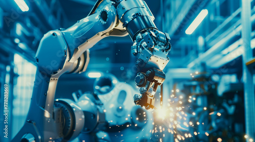 Industrial Robotic Arms Welding on Production Line
. Robotic arms are engaged in precision welding, with sparks flying on an automated production line within an industrial manufacturing plant.
