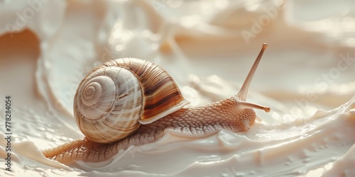 Concept of Snail Mucin or Snail Secretion Filtrate. A snail crawls across the creamy texture of anti-age cosmetics