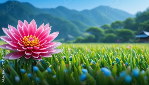  A pink flower blooms in the heart of a sprawling grassy field Blue orbs dot the foreground, leading the gaze toward a distant mountain range