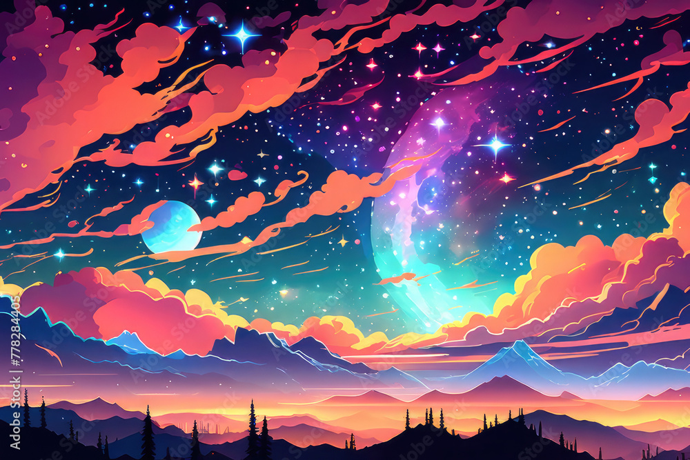 Generative AI, Beautiful stunning landscape with a colorful night sky filled with stars and nebulae, emanating from stars that sparkle like diamonds, a beautiful sunset s, cool anime landscape