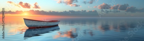 A 3D minimalist boat floating on a serene water background