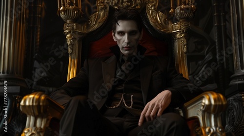 Villain. Vampire on the throne. Bad character. Evil king. Evil character in the book. Dark magician. Storytelling. Fiction concept. Fantasy and historical drama character. photo