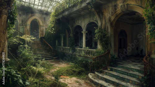 Abandoned palace castle overgrown with vegetation  ivy and vines. Building is captured by nature and vegetation