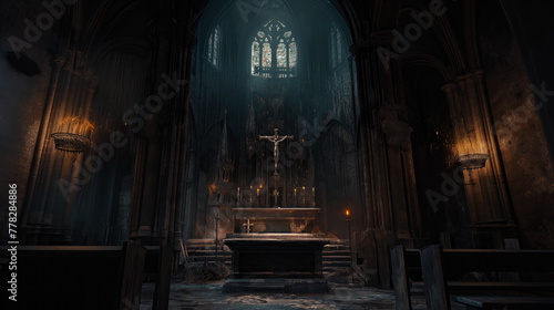 Altar in a dark gloomy Catholic cathedral  surrounded by shadows  casting an eerie and somber atmosphere
