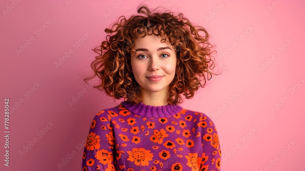 Young woman with curly hair smiling in stylish floral outfit. Casual fashion, cheerful portrait. Pink background, studio shot. Perfect for lifestyle content. AI Young woman with curly hair smiling in stylish floral outfit. Casual fashion, cheerful portrait. Pink background, studio shot. Perfect for lifestyle content. AI