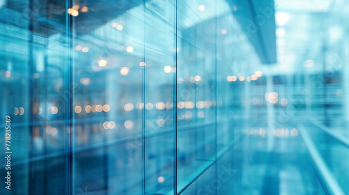 Blurred view of a modern office building interior with glass walls  reflecting a cool blue tone and exuding a sleek corporate atmosphere