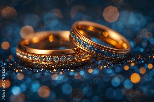 Two Gold Wedding Rings on a Blue Background