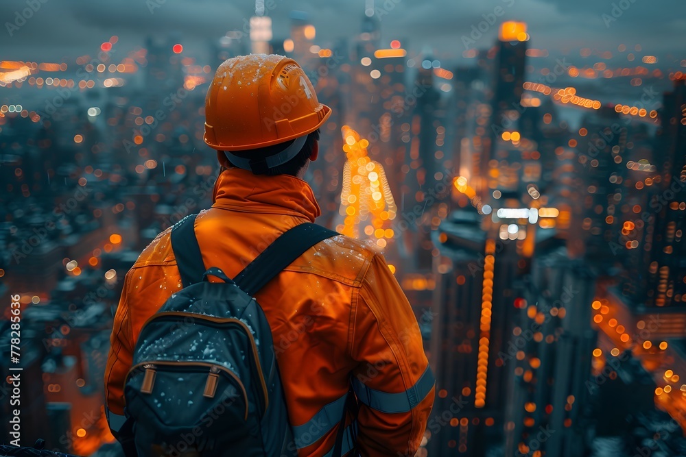 Man Wearing Hard Hat Looking Over City at Night Man Wearing Hard Hat Looking Over City at Night