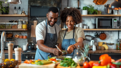 Portrait Smiling Couple Preparing Colorful Plant-Based Meal in Modern Kitchen  Healthy Cooking at Home
