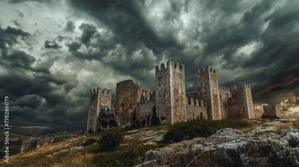 Towering Stone Fortress Against Dramatic Stormy Sky, Majestic Medieval Citadel