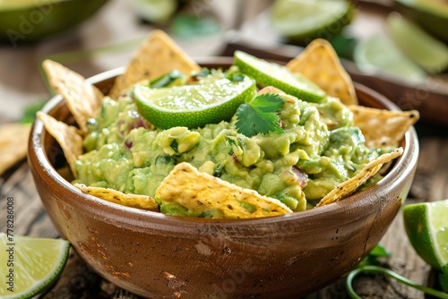 A bowl of creamy guacamole topped with fresh lime slices and surrounded by tortilla chips.