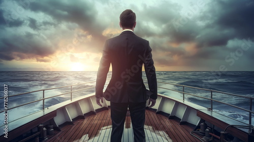 Businessman standing confidently at helm of ship, leading the way, Leadership Concept