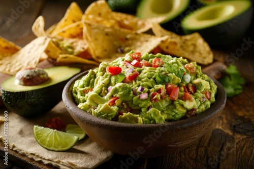 A group of ripe avocados next to a bowl of prepared guacamole, perfect for a delicious snack or party appetizer.