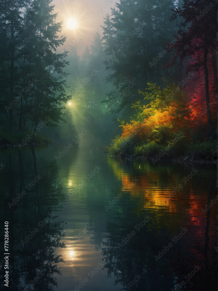 Fototapeta premium Tranquil Lake at Sunset with Reflective Trees and Dramatic Clouds
