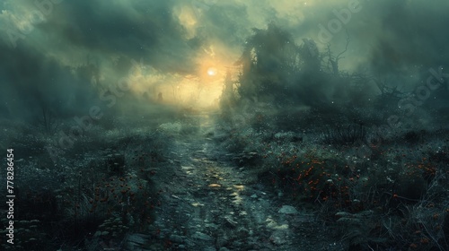 Ethereal backdrop juxtaposing life and death, blurring the boundary between the realms of the living and the departed.
