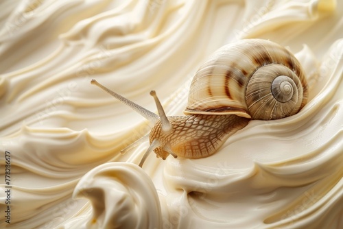 Concept of Snail Mucin or Snail Secretion Filtrate. A snail crawls across the creamy texture of anti-age cosmetics