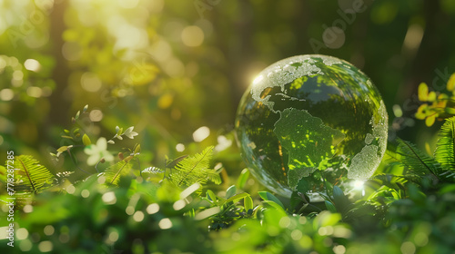 Green Earth Concept with Verdant Forest Globe . A stunning representation of Earth as a transparent globe filled with lush greenery, signifying a thriving, sustainable world. 