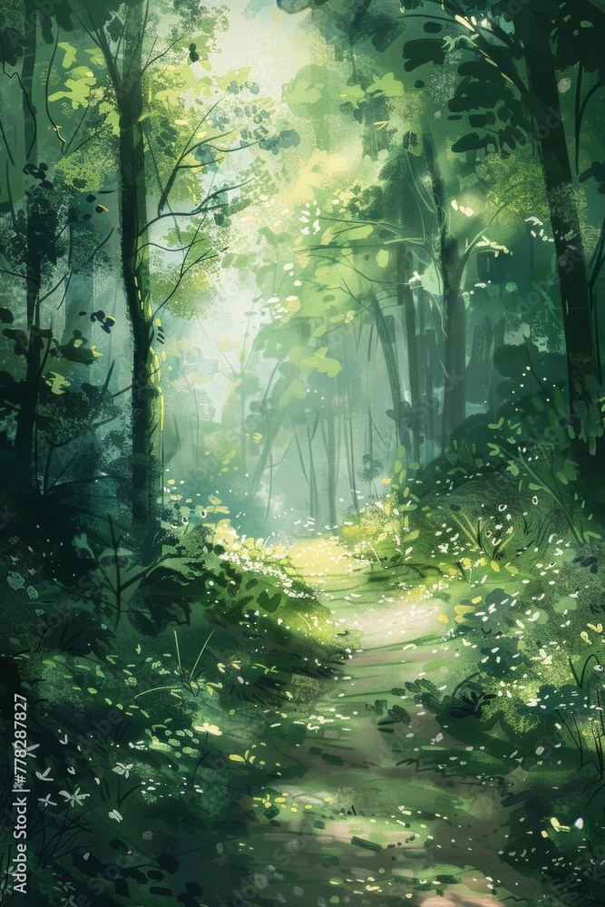 Obraz premium Enchanting trees with glowing leaves create a magical atmosphere in the fantasy forest illustration, inviting you to explore its wonders.