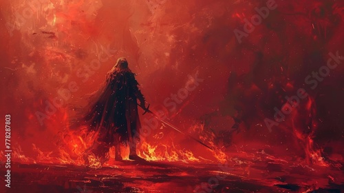 The brave knight, sword in hand, stands ready to battle the fierce lava demon in the fiery depths of hell, captured in a stunning digital painting.