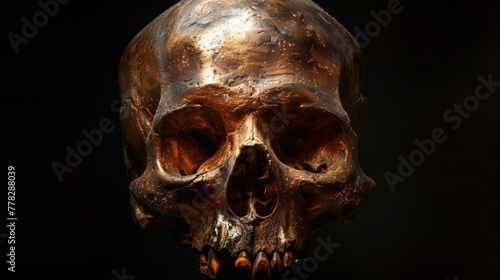 The dark skull sat menacingly on the mantle, casting eerie shadows across the room. photo