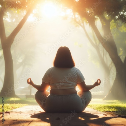 overweight young woman meditating in a park in the early morning