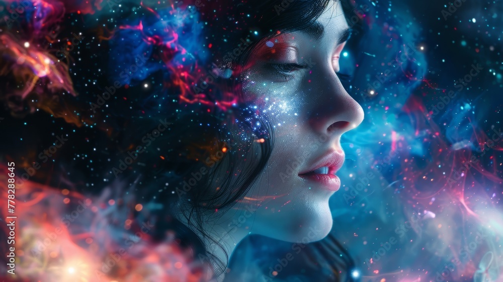 Surreal illustration of a girl's head surrounded by stars and nebulae, depicting her mind lost in the cosmos.