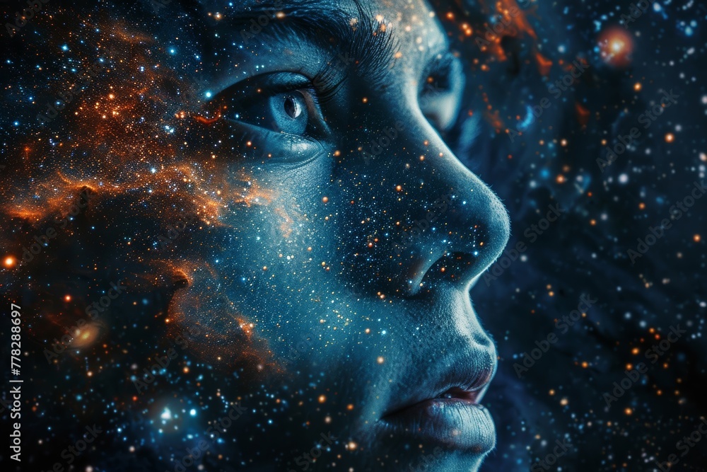 Surreal illustration of a girl's head surrounded by stars and nebulae, depicting her mind lost in the cosmos. Surreal illustration of a girl's head surrounded by stars and nebulae, depicting her mind lost in the cosmos.