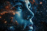 Surreal illustration of a girl's head surrounded by stars and nebulae, depicting her mind lost in the cosmos.