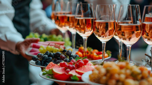 Elegant catering service with glasses of rosé wine and a vibrant selection of fresh fruits at a festive event.