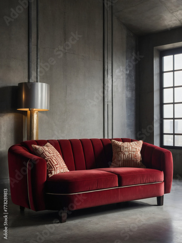 Art Deco design in this modern living space featuring a red velvet sofa, crimson and white pillows against a concrete wall with copy space.