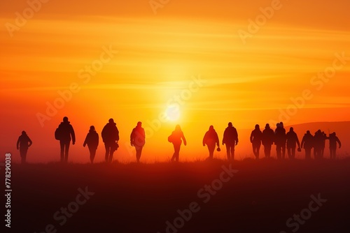 Sun rising over a horizon dotted with silhouettes of walkers, fading away. ,a softly blurred background.